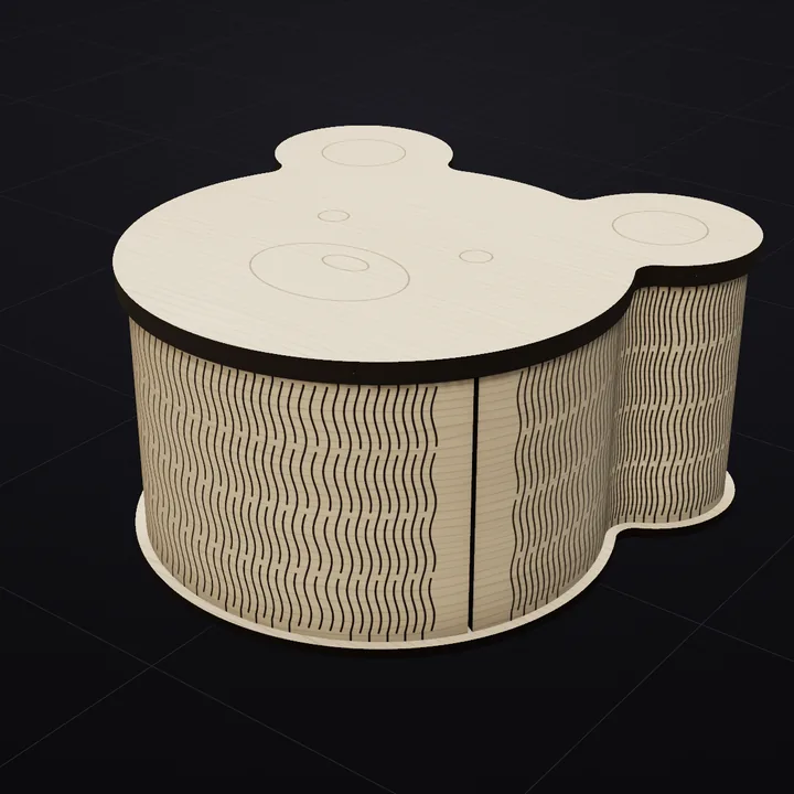 Bear box: a 3D render of the laser-cut living-hinge box in Baltic birch with its scored lid drawing