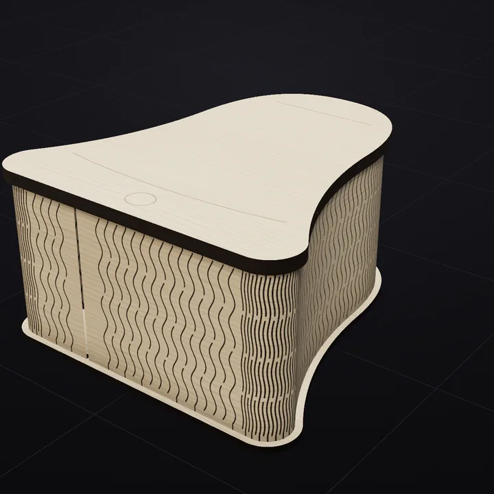 Bell box: a 3D render of the laser-cut living-hinge box in Baltic birch with its scored lid drawing