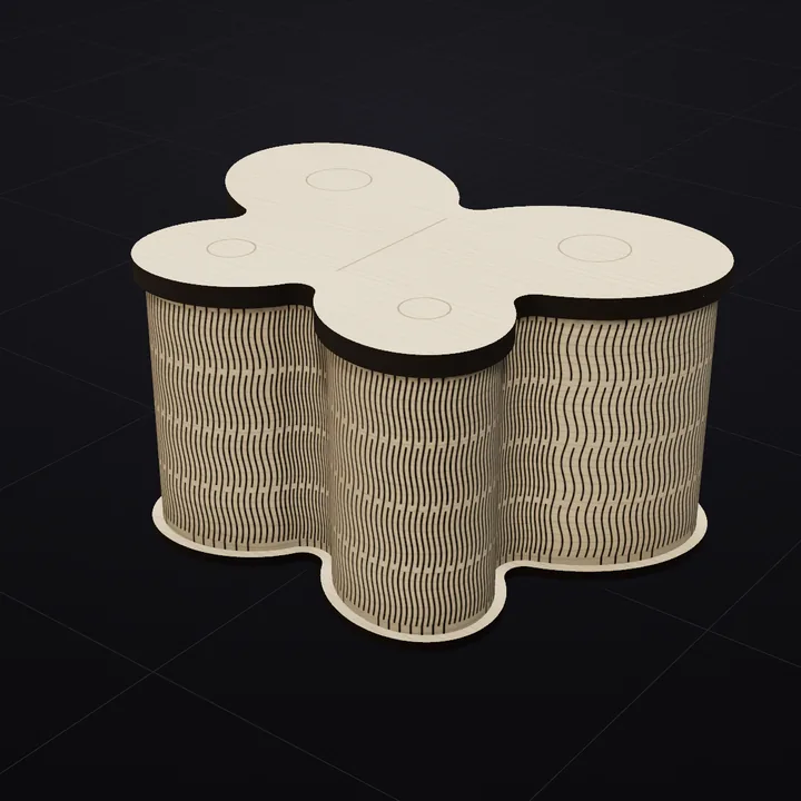 Butterfly box: a 3D render of the laser-cut living-hinge box in Baltic birch with its scored lid drawing