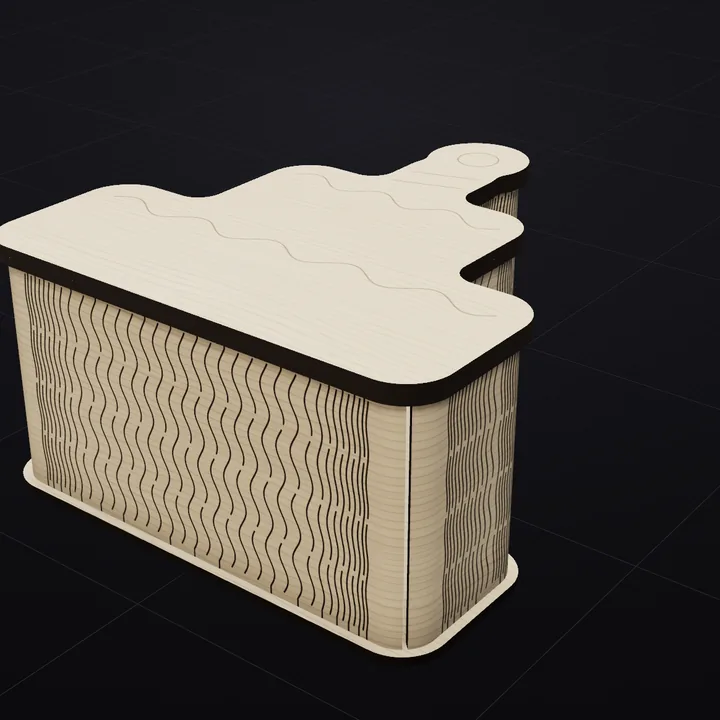 Birthday Cake box: a 3D render of the laser-cut living-hinge box in Baltic birch with its scored lid drawing