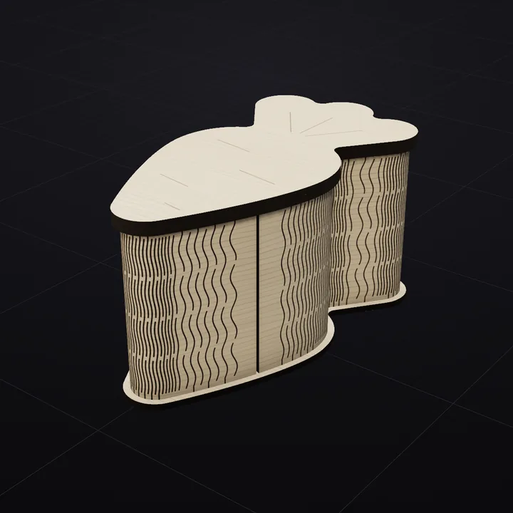 Carrot box: a 3D render of the laser-cut living-hinge box in Baltic birch with its scored lid drawing