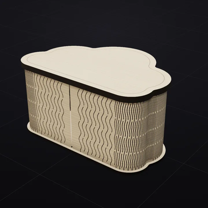 Cloud box: a 3D render of the laser-cut living-hinge box in Baltic birch with its scored lid drawing