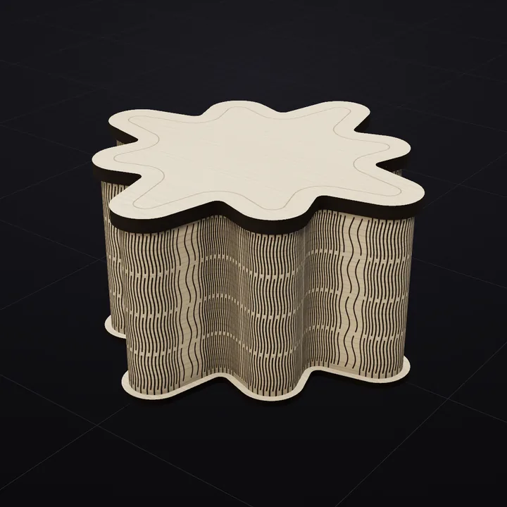 Compass Star box: a 3D render of the laser-cut living-hinge box in Baltic birch with its scored lid drawing