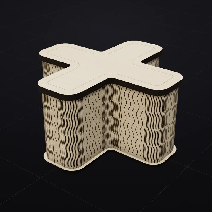 Cross box: a 3D render of the laser-cut living-hinge box in Baltic birch with its scored lid drawing