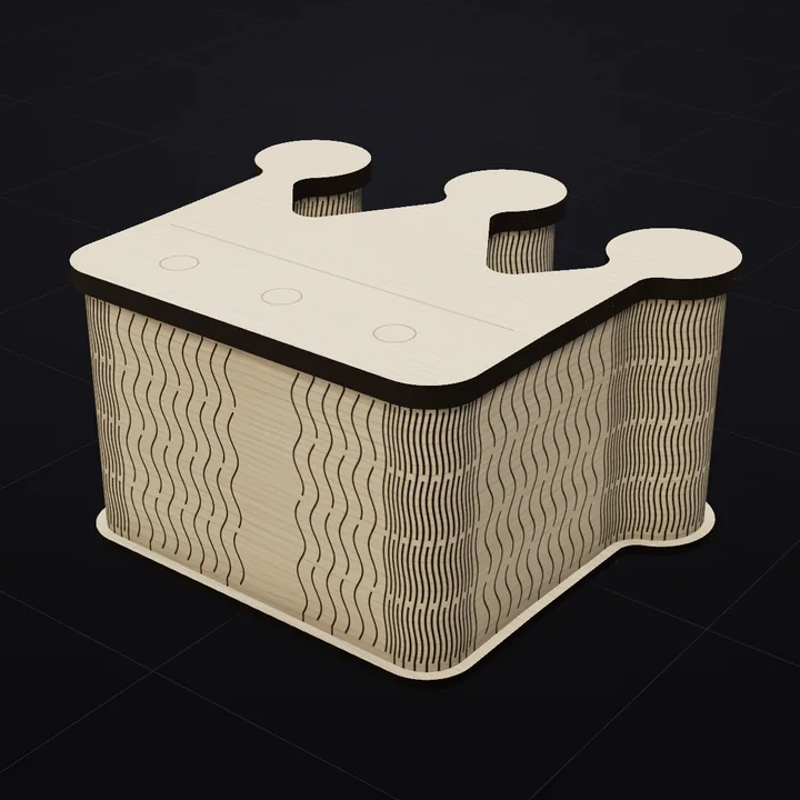Crown box: a 3D render of the laser-cut living-hinge box in Baltic birch with its scored lid drawing