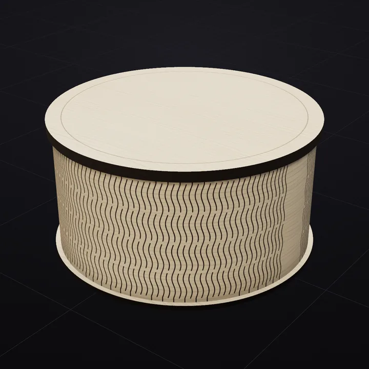 Curved Cylinder box: a 3D render of the laser-cut living-hinge box in Baltic birch with its scored lid drawing