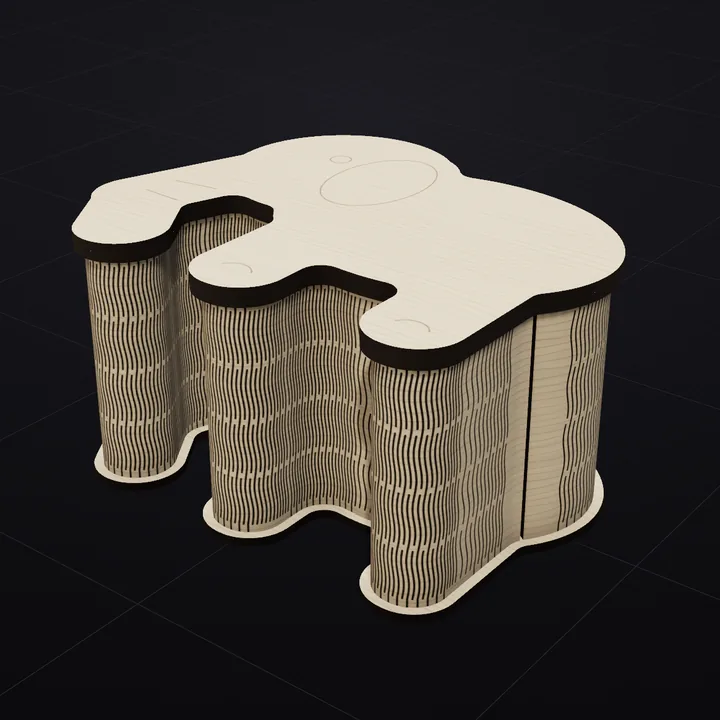 Elephant box: a 3D render of the laser-cut living-hinge box in Baltic birch with its scored lid drawing