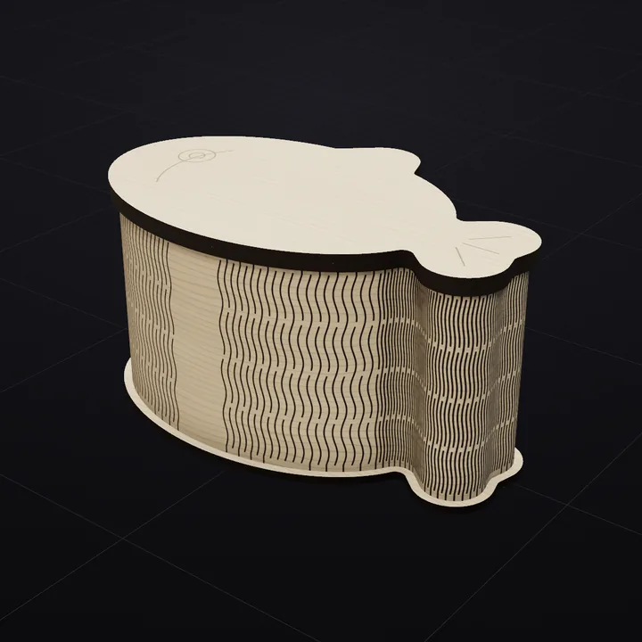 Fish box: a 3D render of the laser-cut living-hinge box in Baltic birch with its scored lid drawing