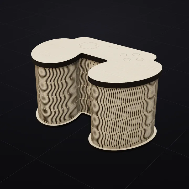 Game Controller box: a 3D render of the laser-cut living-hinge box in Baltic birch with its scored lid drawing