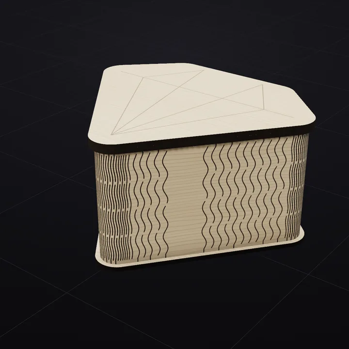 Gem box: a 3D render of the laser-cut living-hinge box in Baltic birch with its scored lid drawing
