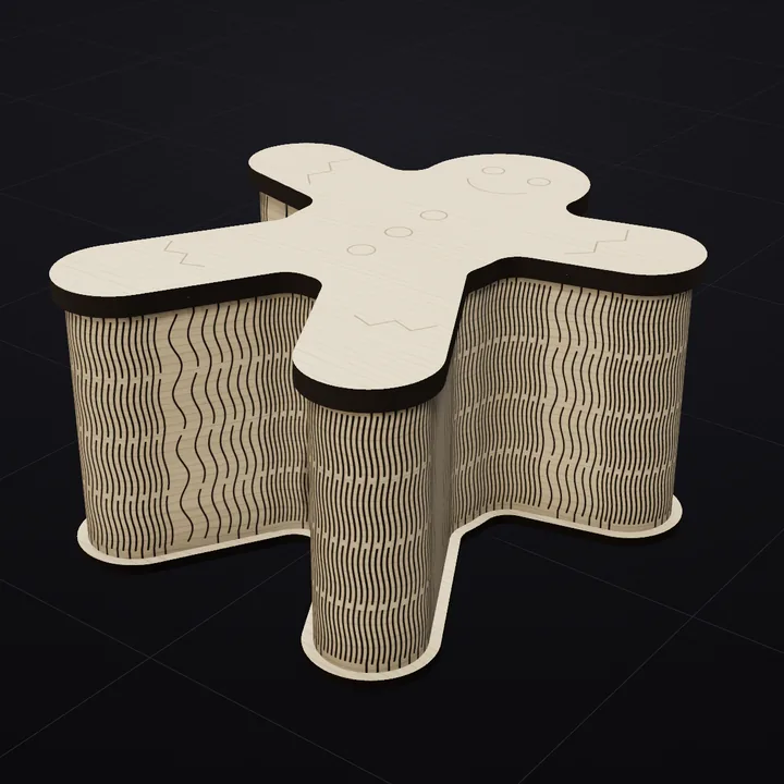 Gingerbread Man box: a 3D render of the laser-cut living-hinge box in Baltic birch with its scored lid drawing