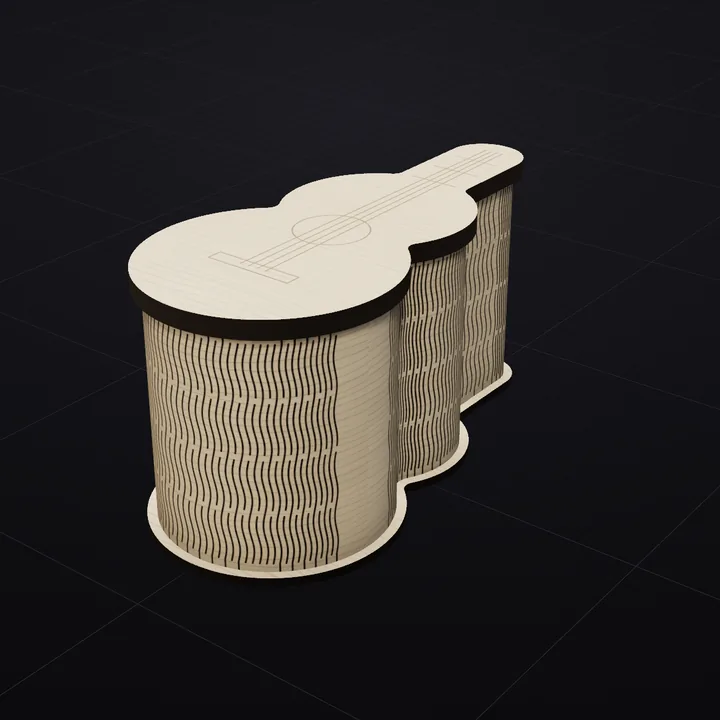 Guitar box: a 3D render of the laser-cut living-hinge box in Baltic birch with its scored lid drawing