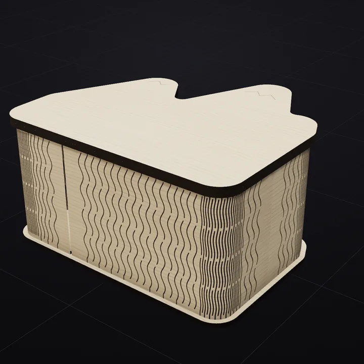 Mountains box: a 3D render of the laser-cut living-hinge box in Baltic birch with its scored lid drawing