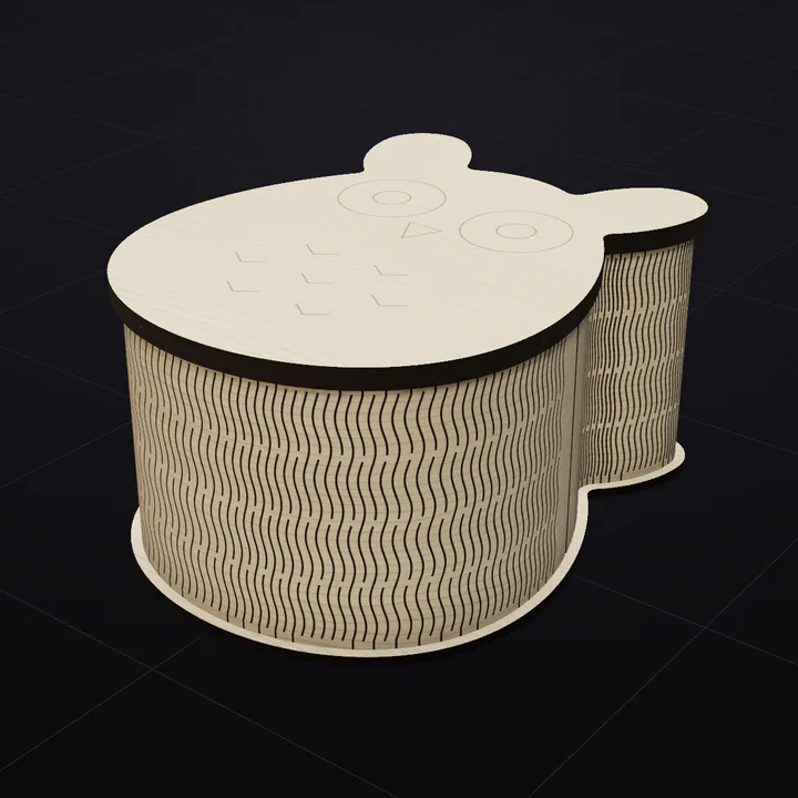 Owl box: a 3D render of the laser-cut living-hinge box in Baltic birch with its scored lid drawing