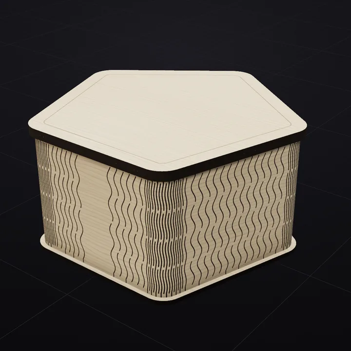 Pentagon box: a 3D render of the laser-cut living-hinge box in Baltic birch with its scored lid drawing