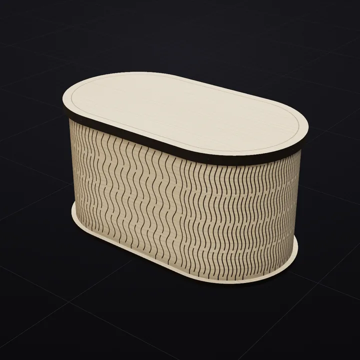 Pill box: a 3D render of the laser-cut living-hinge box in Baltic birch with its scored lid drawing