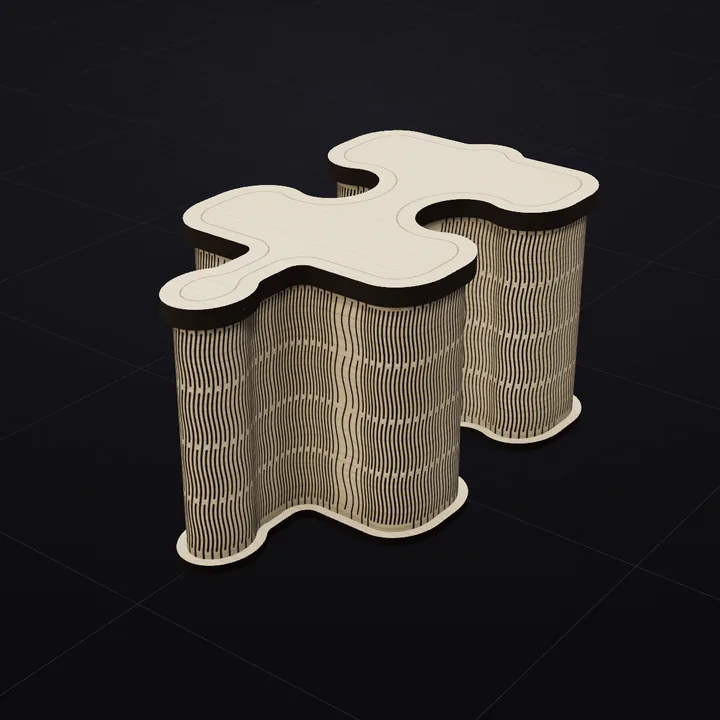 Puzzle Piece box: a 3D render of the laser-cut living-hinge box in Baltic birch with its scored lid drawing