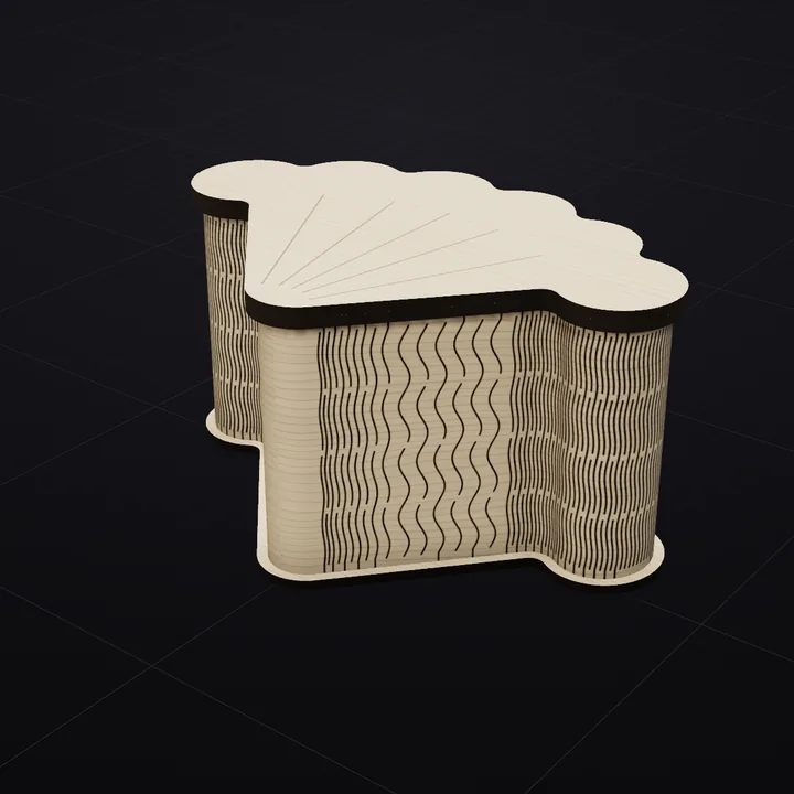 Seashell box: a 3D render of the laser-cut living-hinge box in Baltic birch with its scored lid drawing