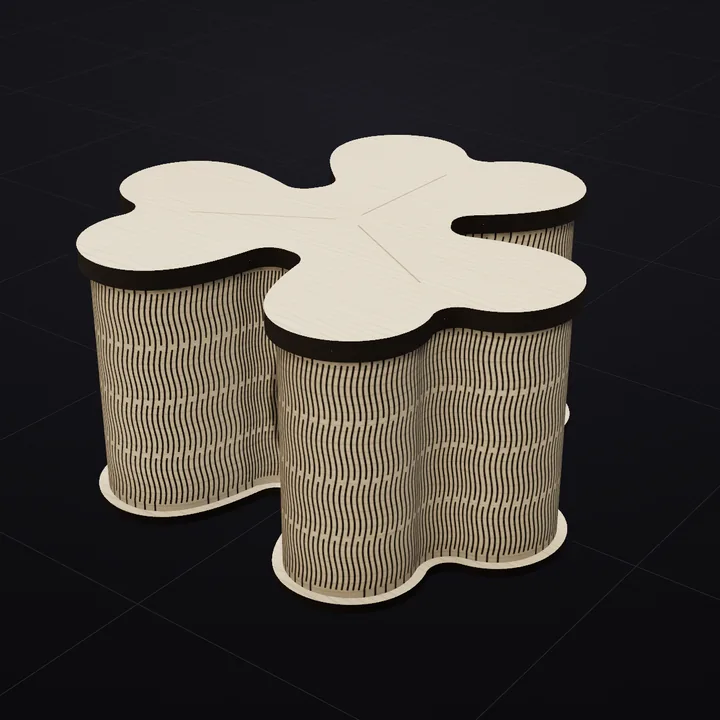 Shamrock box: a 3D render of the laser-cut living-hinge box in Baltic birch with its scored lid drawing