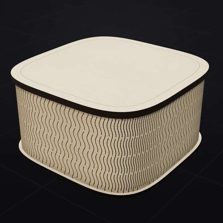 Squircle box: a 3D render of the laser-cut living-hinge box in Baltic birch with its scored lid drawing