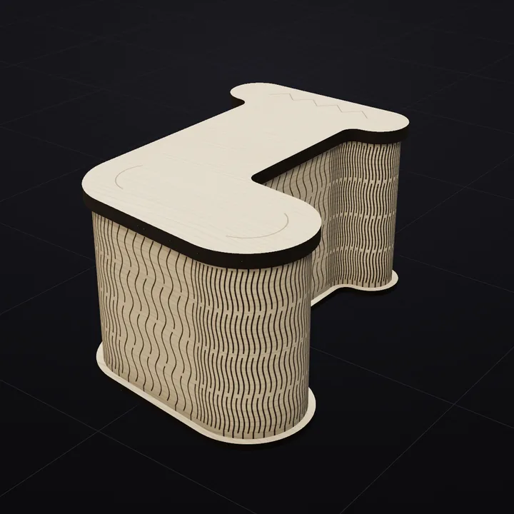 Stocking box: a 3D render of the laser-cut living-hinge box in Baltic birch with its scored lid drawing